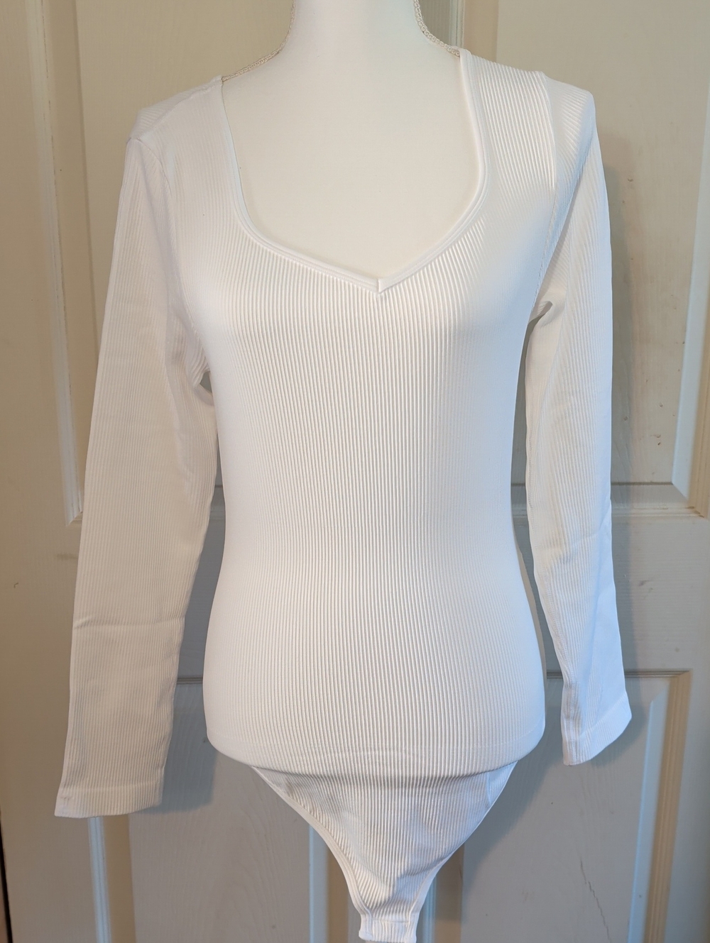Long-Sleeve White Ribbed V-Neck Bodysuit